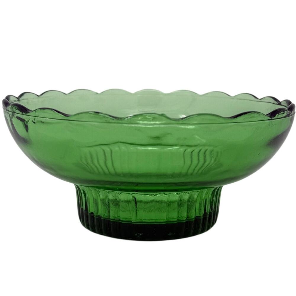 Vintage 50s EO Brody Green Glass Pedestal Bowl Scalloped Edge MCM